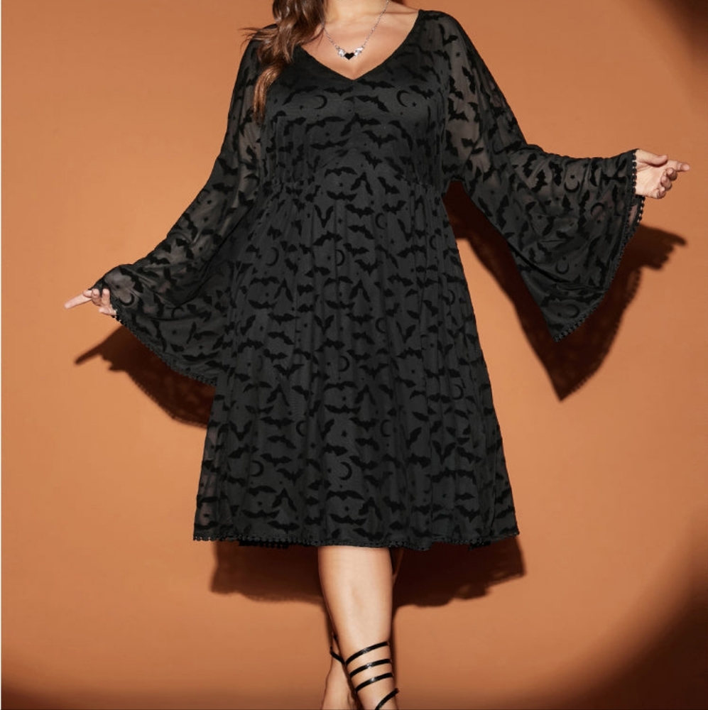 BloomChic sheer bat bell sleeve dress